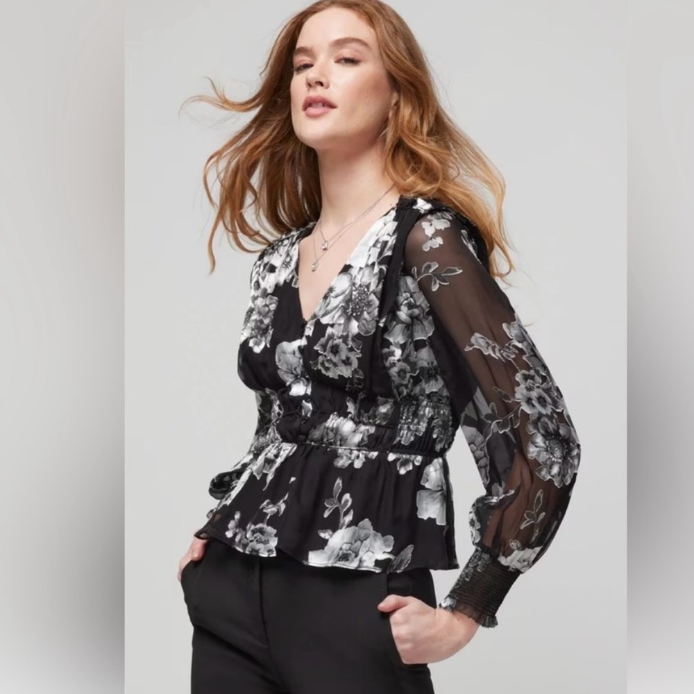 NWT White House Black Market Silver & Black Blouse with Sheer Long Sleeves